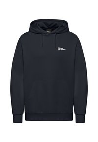 Navyblaue Kapuzenjacke aus weichem Material, mit einer vorderen Tasche, Kordeln an der Kapuze und einem kleinen weißen Logo auf der Brust.