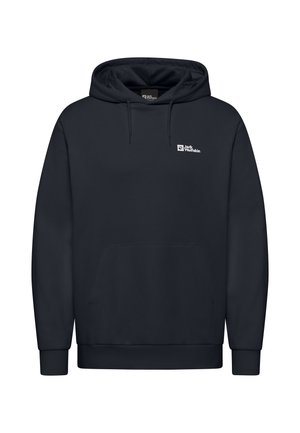 Navyblaue Kapuzenjacke aus weichem Material, mit einer vorderen Tasche, Kordeln an der Kapuze und einem kleinen weißen Logo auf der Brust.