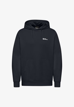 Navy blue hoodie made of soft fabric, featuring a front pocket, drawstrings at the hood, and a small white logo on the chest.