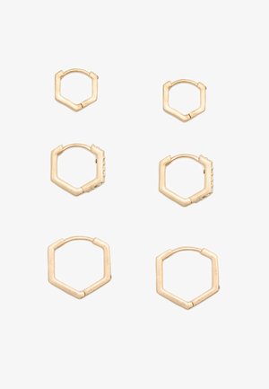 Złocone sześciokątne kolczyki, z różnorodnymi wzorami o gładkim i fakturowanym wykończeniu. Zawierają zarówno proste, jak i ozdobione style.