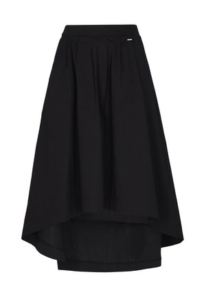 Černá sukně s vysokým a nízkým okrajem a záhyby v pase, se kratším předním okrajem a delším zadním okrajem, vyrobená z hladké látky.