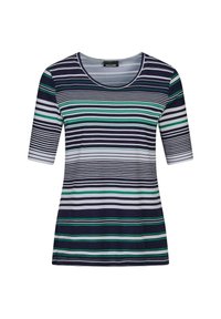 T-shirt marin rayé bleu et blanc avec des accents verts, à manches courtes et encolure ronde ; fabriqué en tissu doux et extensible avec une coupe décontractée.