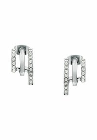 Orecchini in tonalità argento con design geometrico, caratterizzati da due barre verticali e strass trasparenti lungo i bordi, finitura lucida.