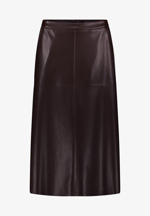 Burgunderrote Leder-Bleistiftrock mit glatter Textur, knielang, mit vertikalen Nähten und einem taillierten Bund.