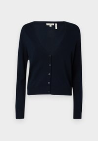 Cardigan bleu marine à boutons avec un col en V, des manches longues, un ourlet côtelé et une texture en tricot lisse. Présente six boutons sur le devant.