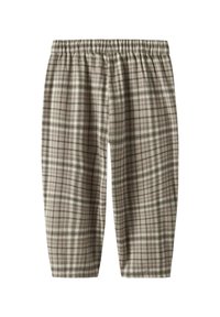 Bruine geblokte pyjamabroek van zacht materiaal met een elastische tailleband. Heeft verticale en horizontale lijnen die vierkanten en rechthoeken vormen.