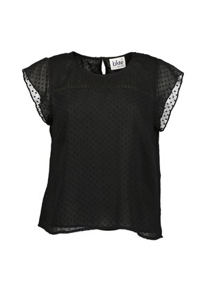 Top corto nero a maniche corte con un design a pois testurizzati, scollatura tonda e dettaglio a chiave sulla schiena. Tessuto leggero e fluido.