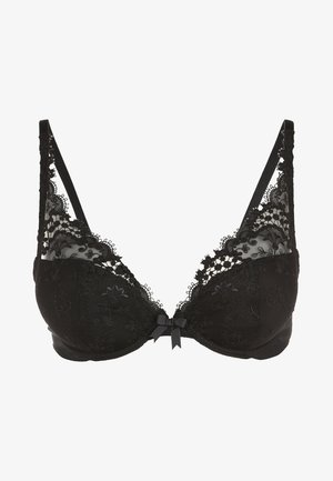 Musta pitsinen rintaliivi, jossa on syvään uurrettu muotoilu, kukkakirjonta, verkko-osat ja satiininen rusetti keskellä. Säädettävät olkaimet sisältyvät.