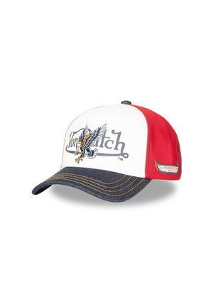 Casquette de baseball avec dos en mesh rouge, panneau avant blanc présentant un graphisme d'aigle et le logo « Von Dutch », et visière incurvée bleu foncé avec coutures jaunes.