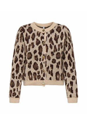 Beige knitted cardigan with brown fuzzy leopard print, round neckline, ribbed cuffs and hem, and front gold buttons.