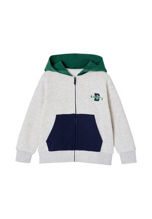 Hooded zip-up sweatshirt for children in light gray with green inner hood, navy front pockets, and small printed text on chest.