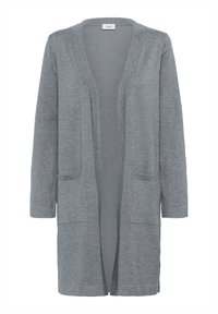 Cardigan grigio in tessuto morbido, con apertura frontale, maniche lunghe, due tasche frontali e una vestibilità comoda senza chiusure.