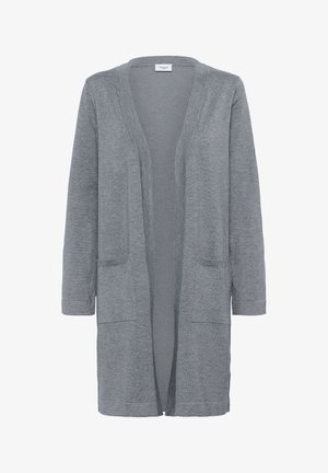 Gray cardigan made of soft fabric, featuring an open front, long sleeves, two front pockets, and a relaxed fit without closures.