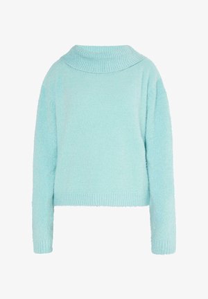 Light blue fuzzy knit sweater with long sleeves and a ribbed turtleneck collar and hem.