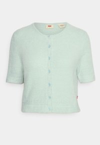 Svetle mátově zelený krátký kardigan s krátkými rukávy, vyrobený z měkkého, strukturovaného materiálu, s kulatým výstřihem a šesti knoflíky