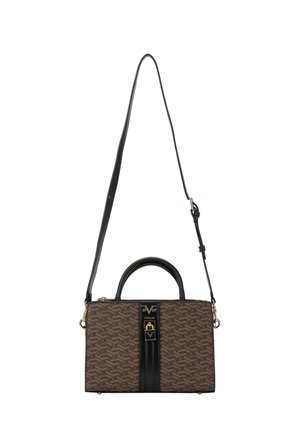 Brown patterned handbag with a structured shape, black leather accents, top handle, and adjustable shoulder strap. Gold hardware detail.