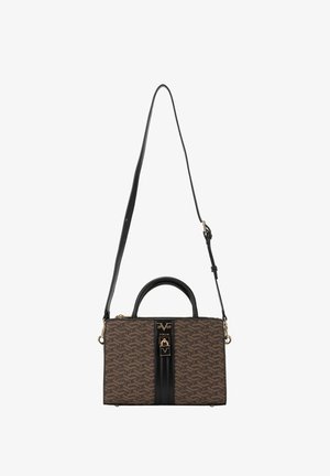 Brown patterned handbag with a structured shape, black leather accents, top handle, and adjustable shoulder strap. Gold hardware detail.