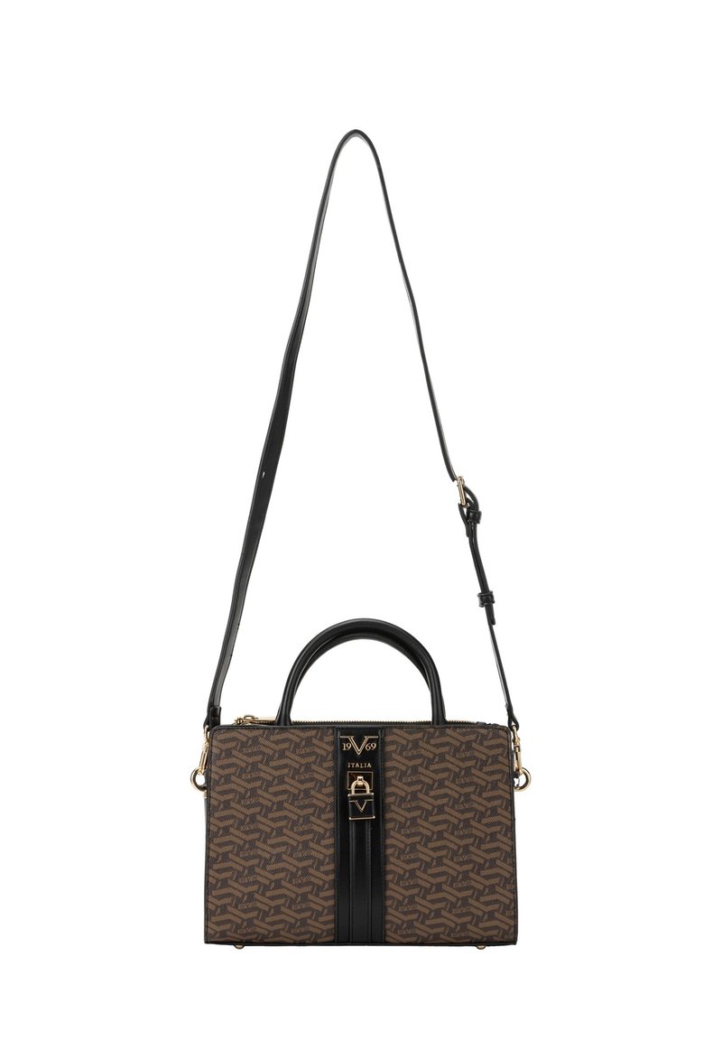 Bruine handtas met een gestructureerde vorm, zwarte leren accenten, een bovenhandvat en een verstelbare schouderband. Gouden hardware details.