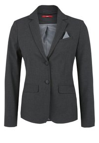 Blazer grigio realizzato in tessuto testurizzato, con revers a punta, chiusura a due bottoni, tasche laterali e una fodera a pois in contrasto.