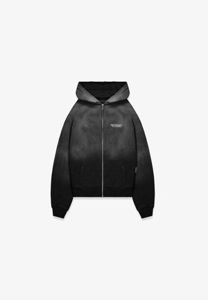 Schwarzer Kapuzenpullover mit Reißverschluss vorne, der einen Farbverlauf von Dunkelgrau nach Schwarz zeigt, Kängurutaschen hat und ein kleines "RETENITY"-Logo auf der Brust trägt.