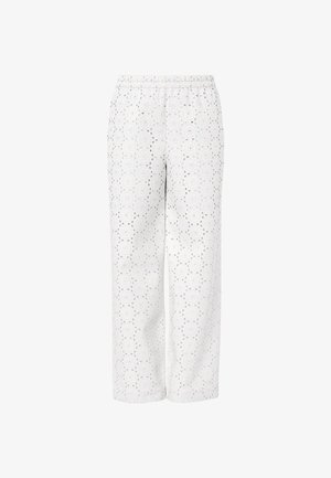 Pantalon blanc à jambes larges avec une taille élastique et un motif brodé floral ajouré sur tout le tissu.