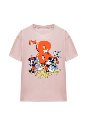 Light pink t-shirt with large orange number 8 and Disney characters Mickey, Minnie, Daisy, Donald, Goofy, and Pluto.