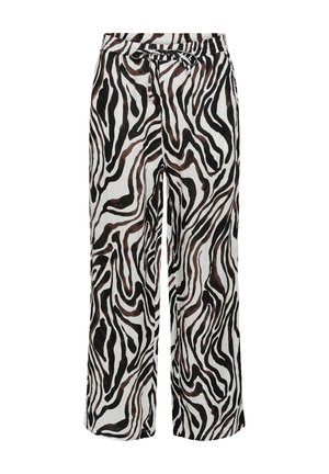 Bredbenede bukser med sorte og brune zebra-striber, elastik i taljen og snor foran til justering.