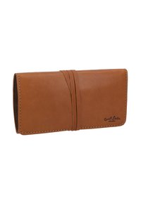 Brown leather wallet with a smooth texture, folded design, secured by a band, featuring white stitching and embossed branding on the surface.