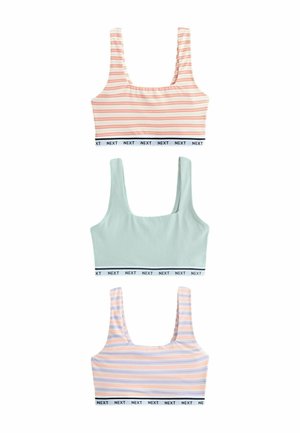 Három kivágott atléta széles pántokkal; a tetején és alján rózsaszín-fehér csíkos, a középső egyszínű világos menta zöld, mindegyiken fehér elasztikus pánt.