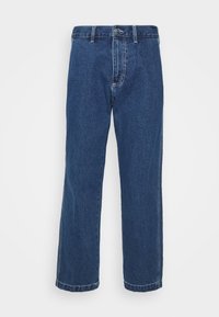 Blue denim jeans with a straight-leg cut, featuring a zip fly and button closure, visible stitching, and no design patterns.