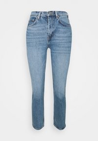 Ljusblå denimjeans med rak bendesign, fem-fickors stil och minimal blekning. Har en knapp- och dragkedjestängning.