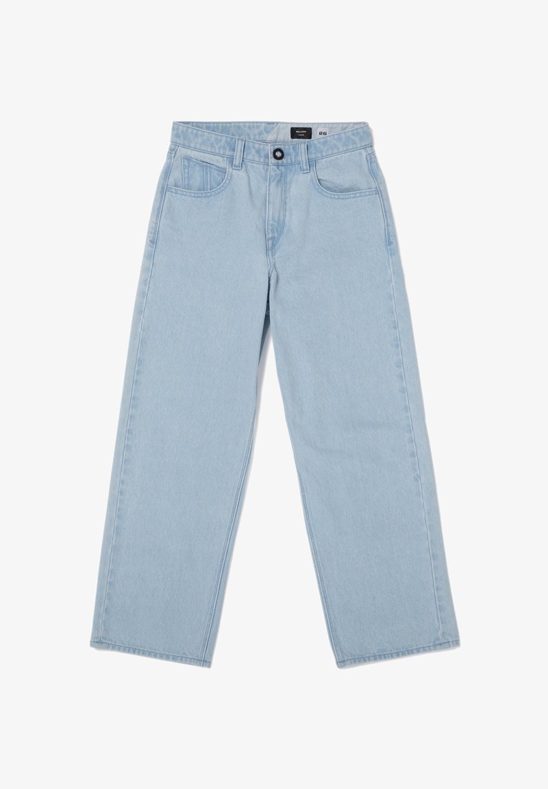 Jeans in denim azzurro chiaro con una vestibilità rilassata, gambe dritte, tasche frontali e chiusura con bottoni. Presentano cuciture a vista e un'etichetta del marchio sulla vita.