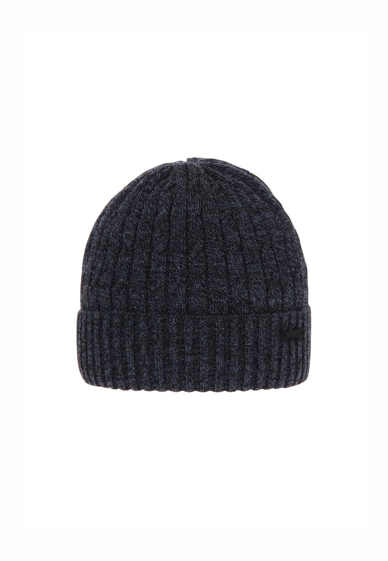 Knitted beanie hat in dark navy with a ribbed texture, featuring a fold-over cuff and a small black logo patch on the side.