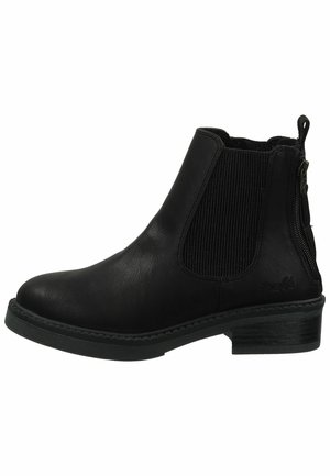 Stivali ankle in pelle nera con pannelli elastici laterali, una zip sul retro e suola piatta. Parte superiore texturizzata e finitura liscia. Branding minimale.