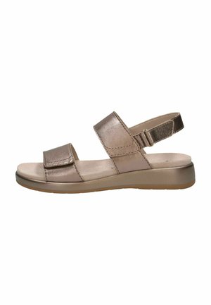 Sandales en bronze avec deux lanières horizontales et une boucle arrière. Texture douce, plateforme basse et semelle intérieure rembourrée pour le confort.