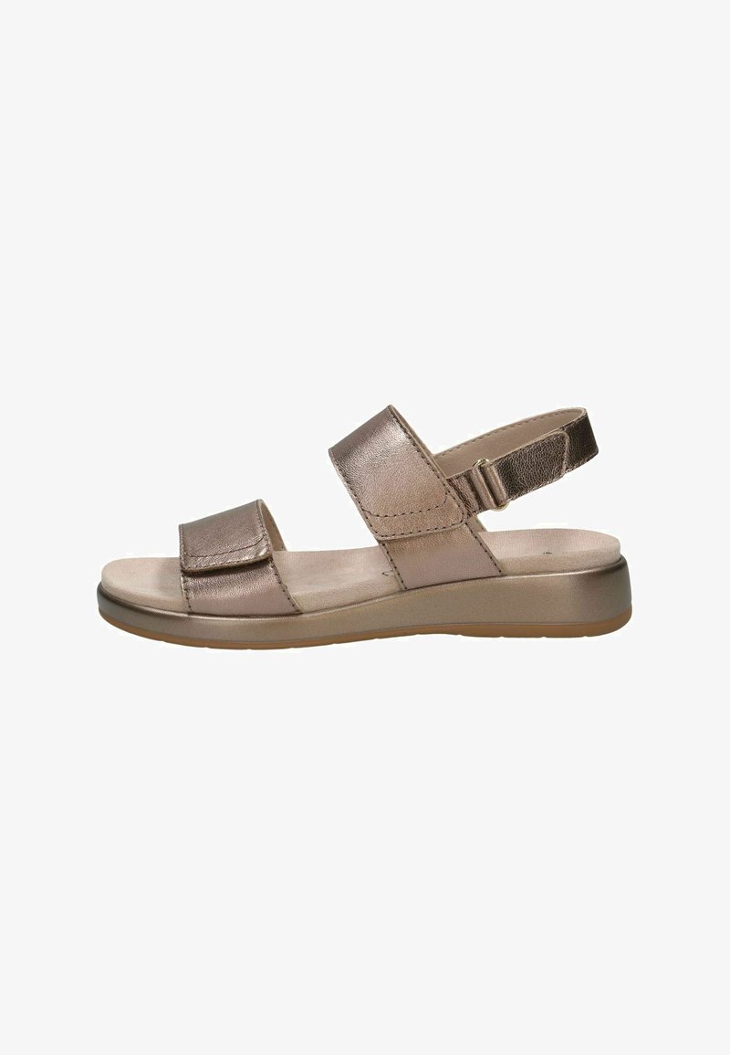 Sandales en bronze avec deux lanières horizontales et une boucle arrière. Texture douce, plateforme basse et semelle intérieure rembourrée pour le confort.