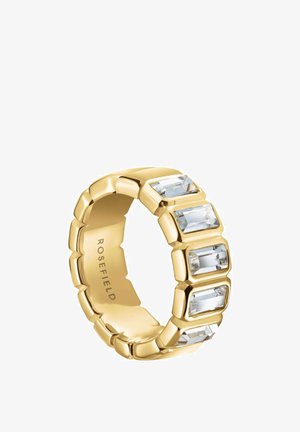 Anello in oro con cristalli trasparenti rettangolari inseriti in un design flessibile e voluminoso. Superficie testurizzata con il marchio "ROSEFIELD" inciso all'interno.