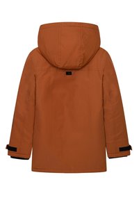 Kurtka z kapturem w kolorze rdzy, z długimi rękawami i regulowanymi czarnymi mankietami na rzepy, widziana od tyłu.