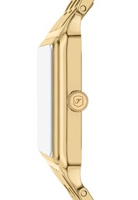 Montre dorée avec un cadran rectangulaire blanc, bracelet texturé et couronne ronde arborant un logo, mettant en valeur un design élégant et moderne.