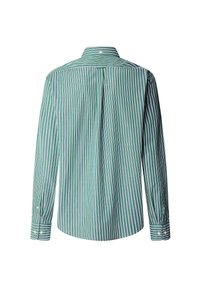 Groene en witte gestreepte shirt met een button-down kraag, lange mouwen en een centrale rugplooien. De stof is glad met een getailleerde pasvorm.