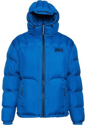 Blue padded jacket with a large hood, solid color, zipper closure in the front, two side pockets, and a logo on the chest area.