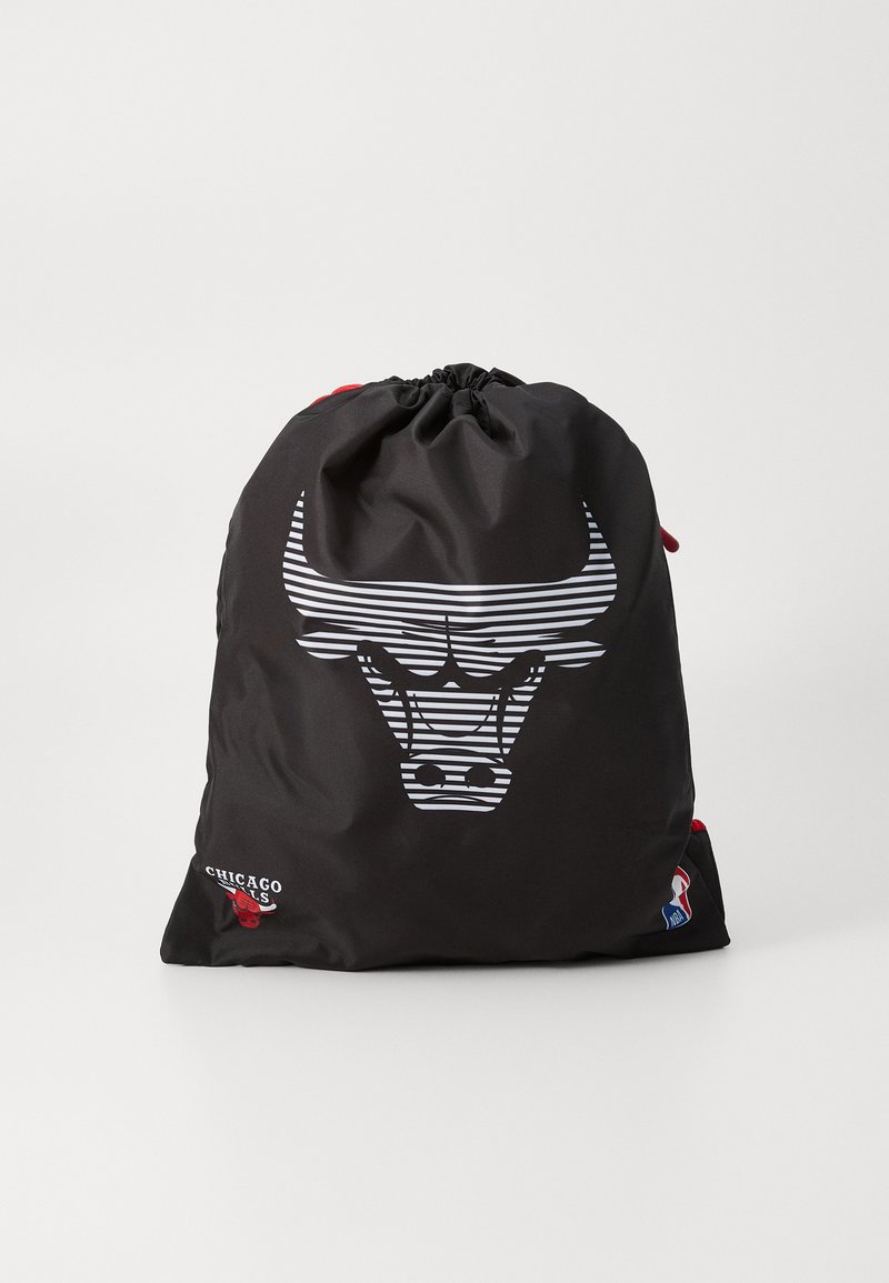 Black drawstring bag made of durable material featuring a striped bull logo and red accents, with a small logo on the side.
