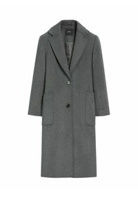 Długi szary wełniany płaszcz z kołnierzem, dwiema przednimi kieszeniami z klapką i dwoma guzikami z przodu.