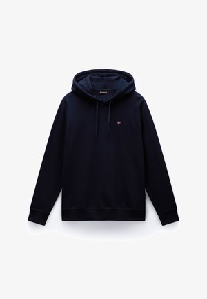 Felpa blu navy in morbido tessuto con tasca frontale, lacci regolabili e un piccolo patch con logo sul petto. Vestibilità classica e maniche lunghe.