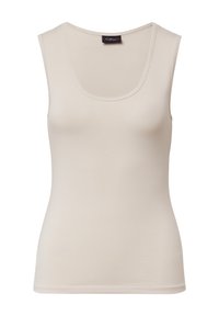 Top senza maniche beige con scollo rotondo, realizzato in tessuto morbido e liscio. Presenta dettagli di cucitura minimi lungo i bordi.