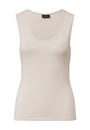 Beige sleeveless tank top with a scoop neckline, made of soft, smooth fabric. Features minimal stitching details along the edges.