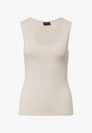 Beige mouwloze tanktop met een ronde hals, gemaakt van zachte, gladde stof. Heeft minimale stikseldetails langs de randen.