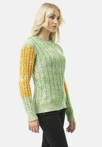 Gebreide trui in groen en geel, met een kabelpatroon en geribbelde manchetten. Kortere zoom, textiel met een gestructureerde stof en contrasterende mouwkleuren.