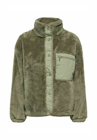 Olijfgroene fleece jas met drukknopen, hoge kraag, elastische manchetten en een doorgestikte borstzak met rits aan de linkerkant.