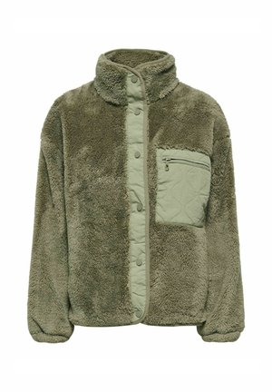 Olivově zelená fleecová bunda se zapínáním na patentní knoflíky, vysokým límcem, elastickými manžetami a prošívanou kapsou na zip na levé straně hrudníku.